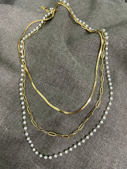 Golden Pearl Trio Layered Necklace